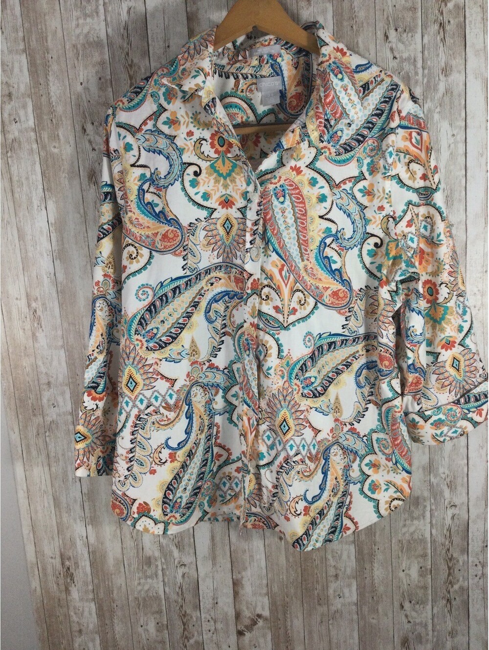 Chico’s 2.5 No Iron Chic Stretch Paisley Colorful Top Adj Sleeve Artsy NICE - Picture 2 of 8